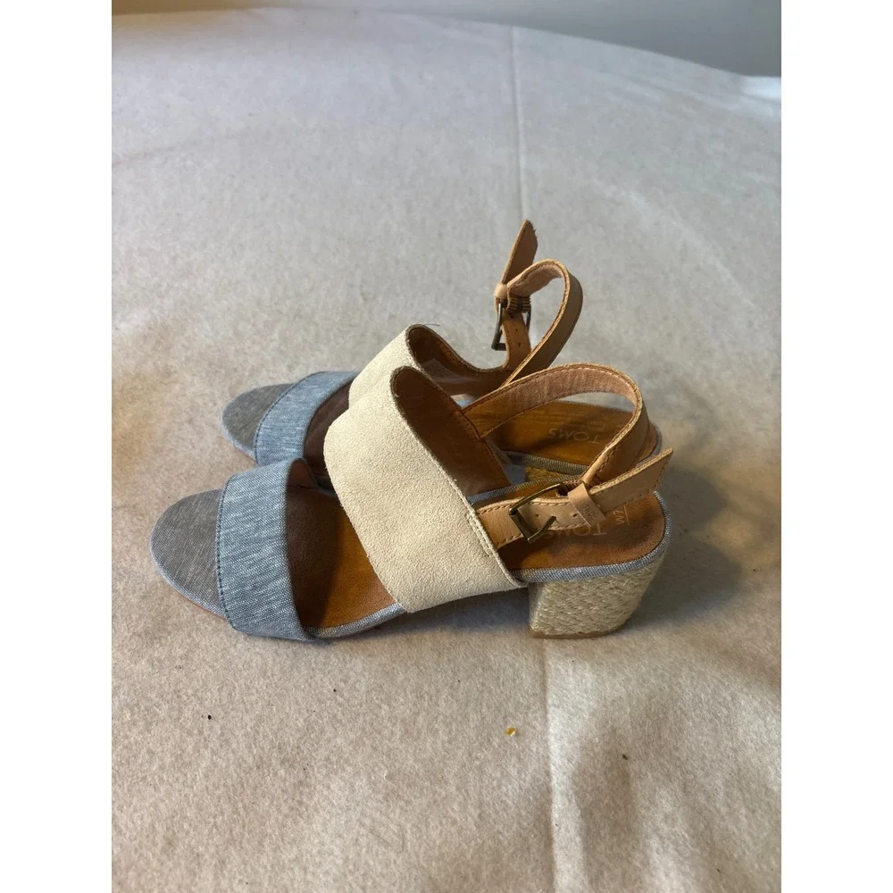 TOMS Block‎ Heel Sandals Womens 7.5 Blue Cream Tan Good Mixed Media Espadrille